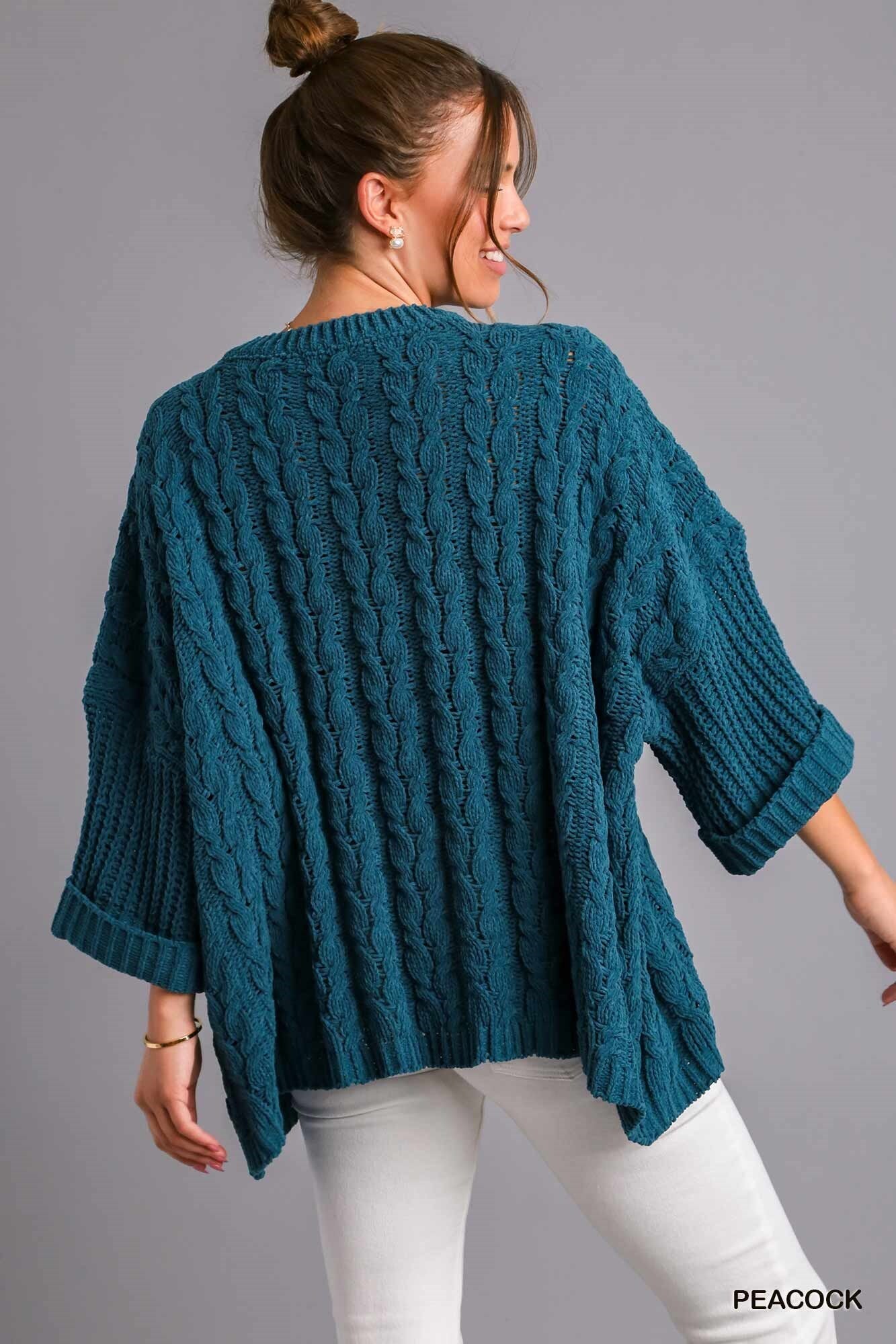Umgee Chenille Cable Knit Sweater Peacock A4281